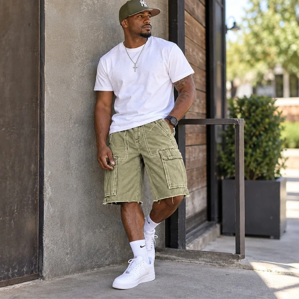 True Religion Mens Super T Cargo Shorts Olive Green White Stitch Y2K Size 34 37